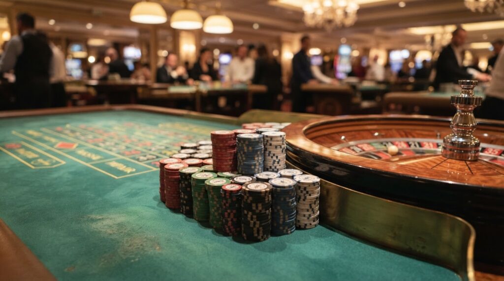 ネットカジノを楽しむために知っておきたい安全性と責任ある遊び方 A luxury casino roulette wheel with stacks of colorful gaming chips on green felt