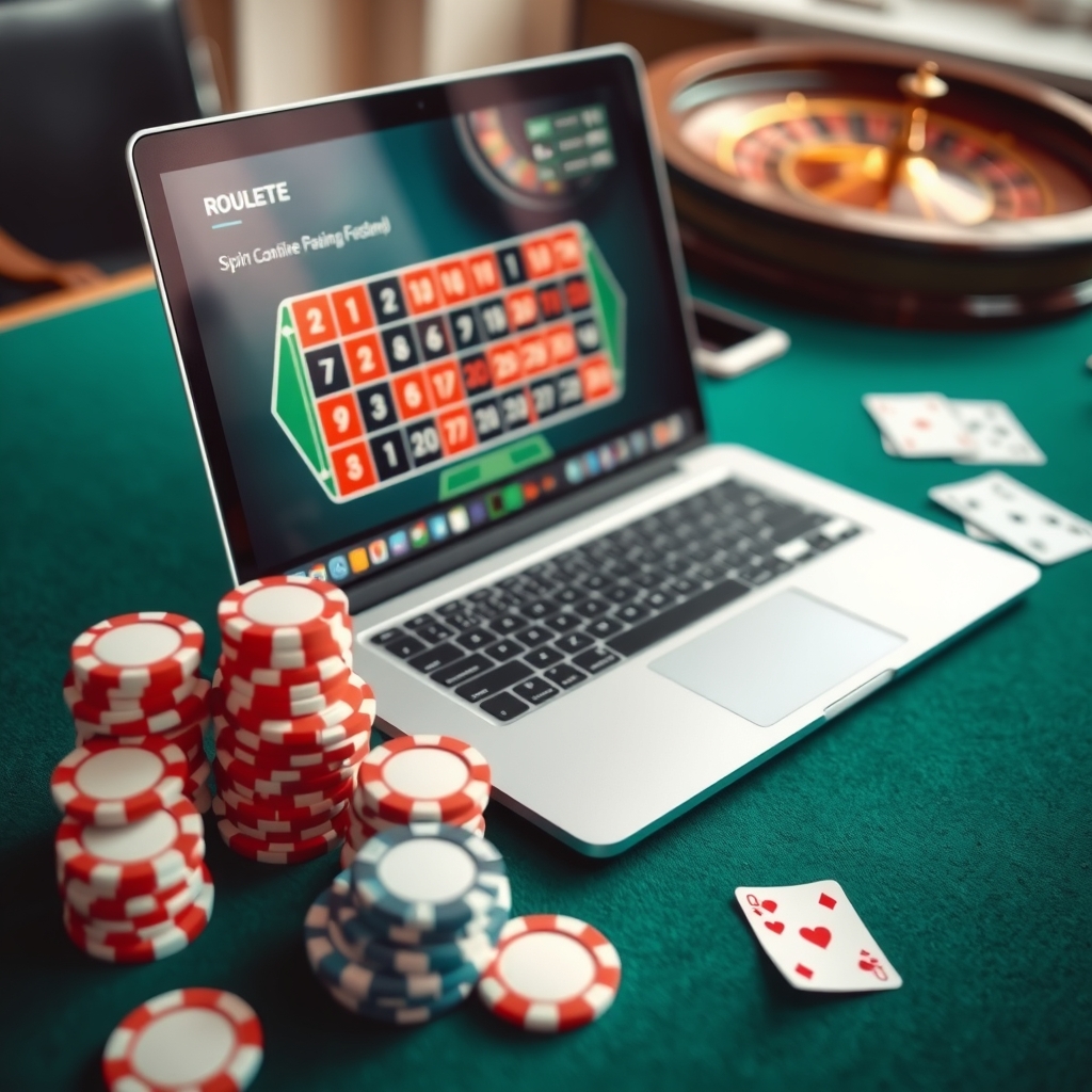 初心者向けスポーツベット 日本ガイド|安全性とSlots Casinosを確認する方法 Laptop displaying an online casino roulette game beside casino chips and playing cards on green felt