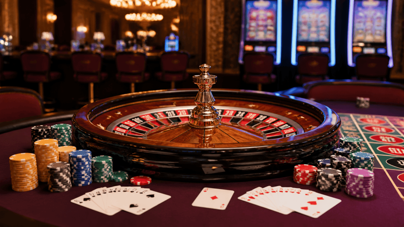 オンラインカジノ ライブカジノとスロットカジノの違いを分かりやすく解説 Casino roulette table with cards and chips