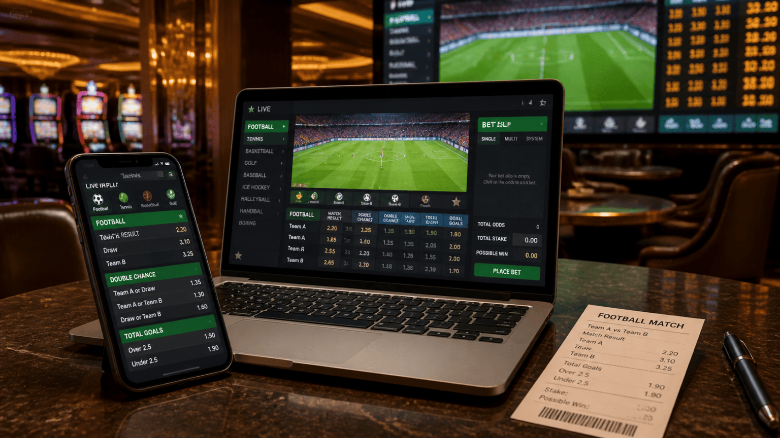 Sports coverage and betting markets to compare: best sports betting sites Singapore Sports betting desk with phone, laptop, and odds display