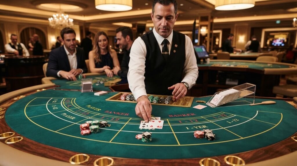 オンラインバカラ カジノ比較ガイド|初心者が確認したいサービスの特徴 Bàn chơi baccarat trực tuyến với các lá bài và chip cược tại casino