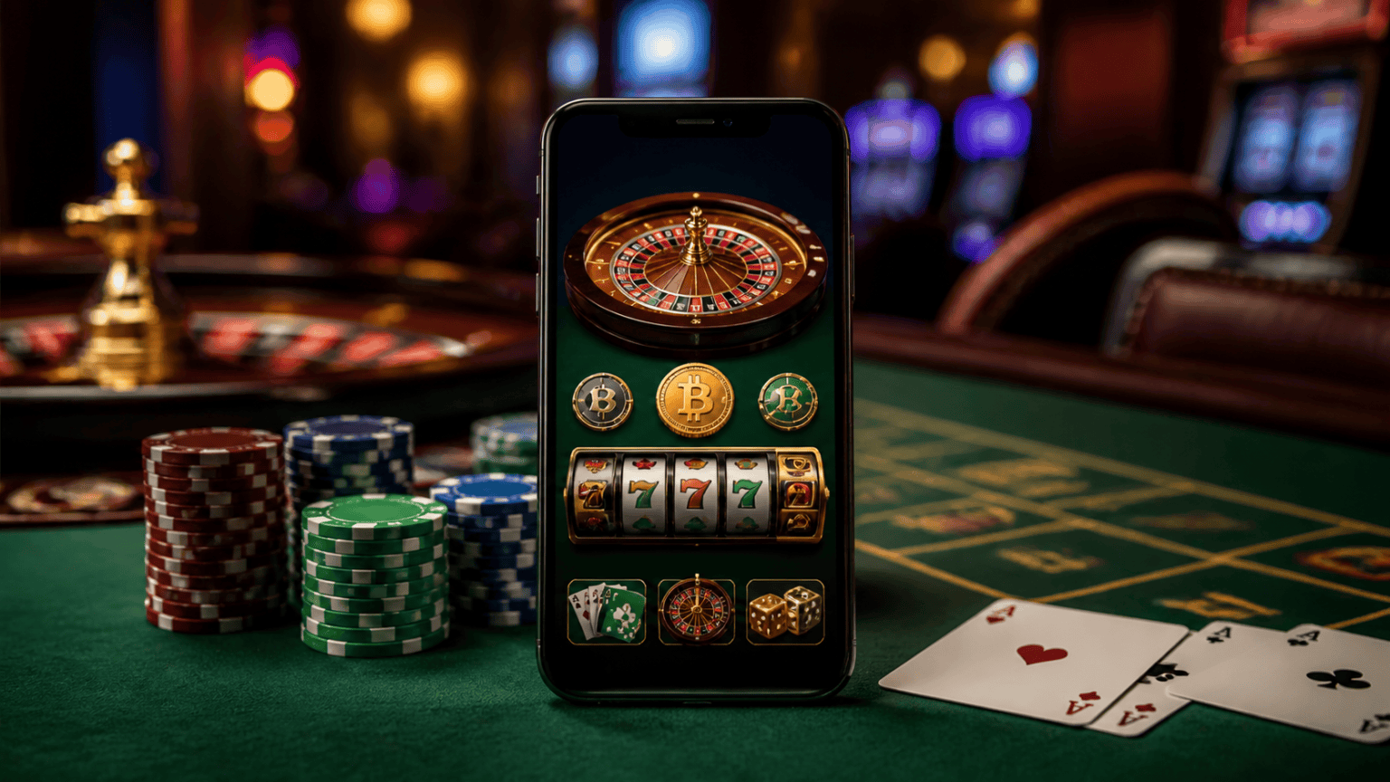 Casino table with smartphone showing a crypto casino online interface