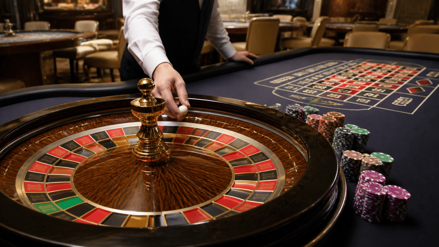 roulette เข้าใจวิธีเล่นและองค์ประกอบก่อนเริ่มเดิมพัน วงล้อ roulette และผังเดิมพันบนโต๊ะคาสิโนพร้อมลูกบอลและชิป
