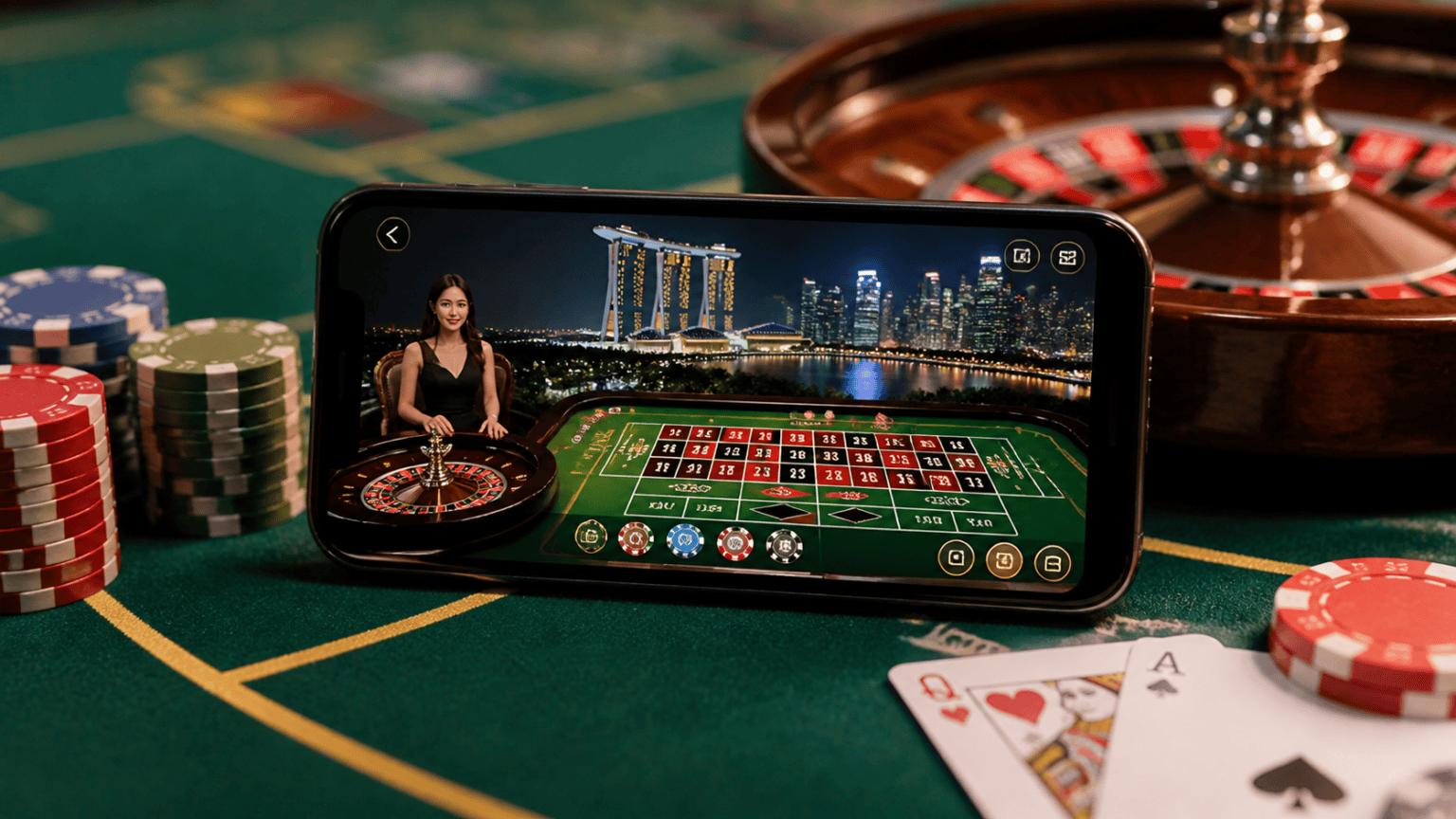 Games, Features, and Site Design That Influence the Experience: online casino Singapore Smartphone showing an online casino game beside casino chips