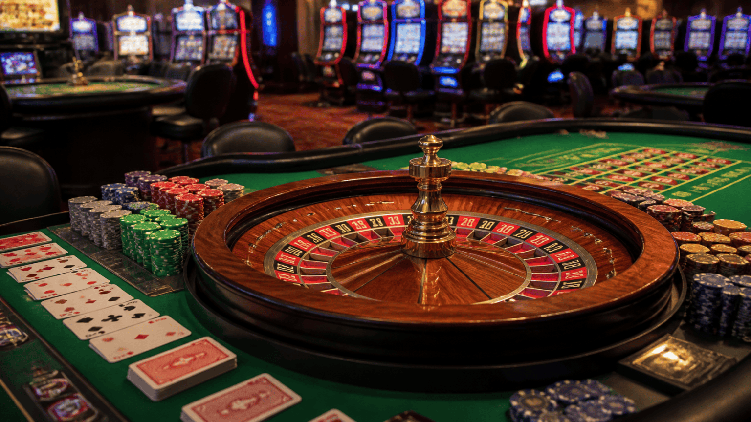 Casino roulette table with chips and cards