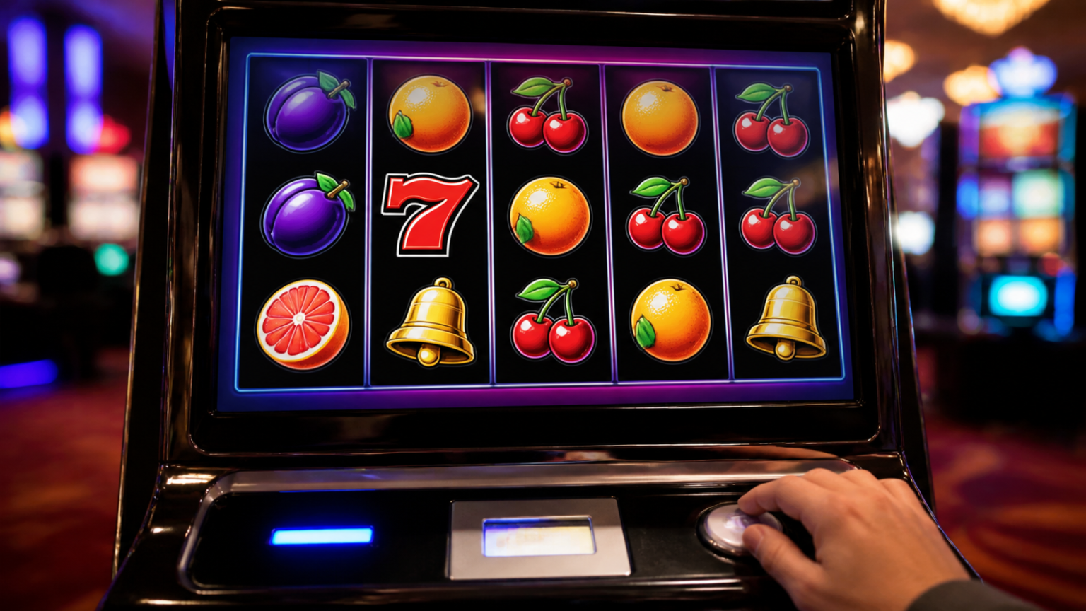 最新ブックメーカーで楽しむサッカー賭けの魅力 Colorful online slot machine reels in a casino-related setting