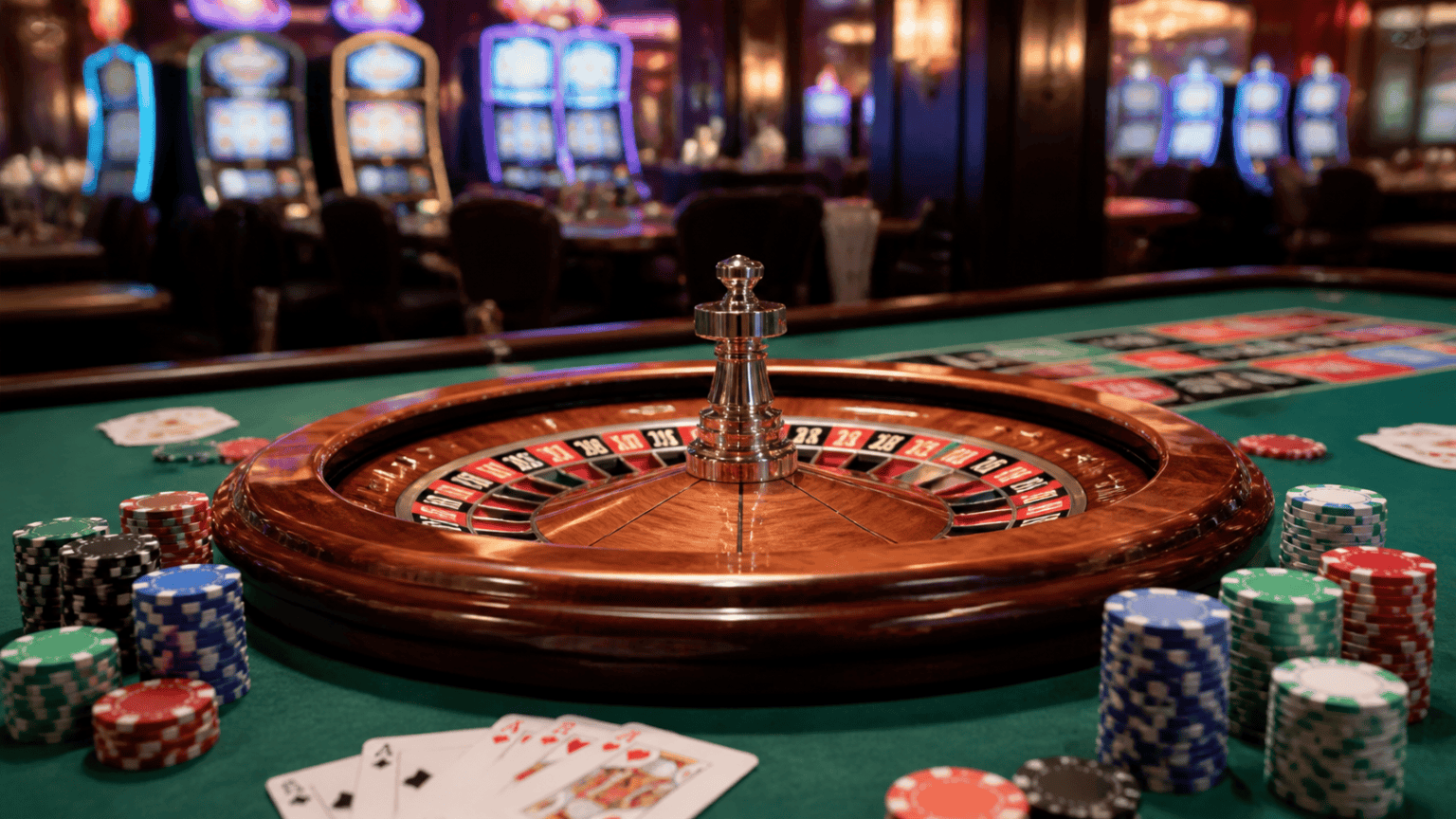 Casino table with roulette wheel and cards